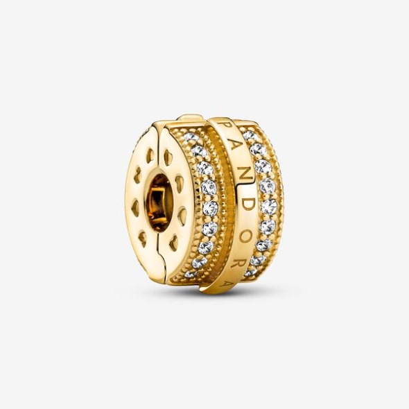 Strălucitor Pave Lines Logo Clip Charm Pandora România Placat Cu Aur