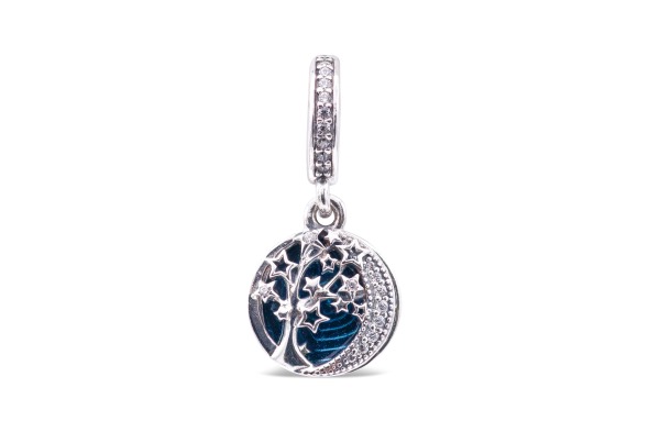Breloc Pandora România Argint Sterling și Albastru Dublu Dangle Tree Galaxy Moon Charm